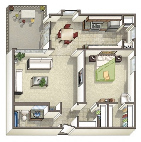 Floor plan for 1 bed, 1 bath, 781 sqft